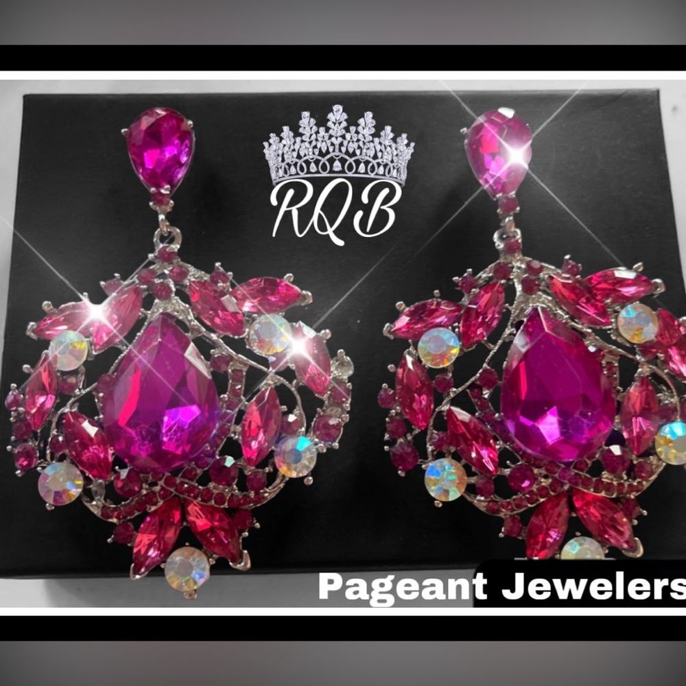 Fuchsia Pink and Clear and AB Swarovski Crystal Pageant Earrings